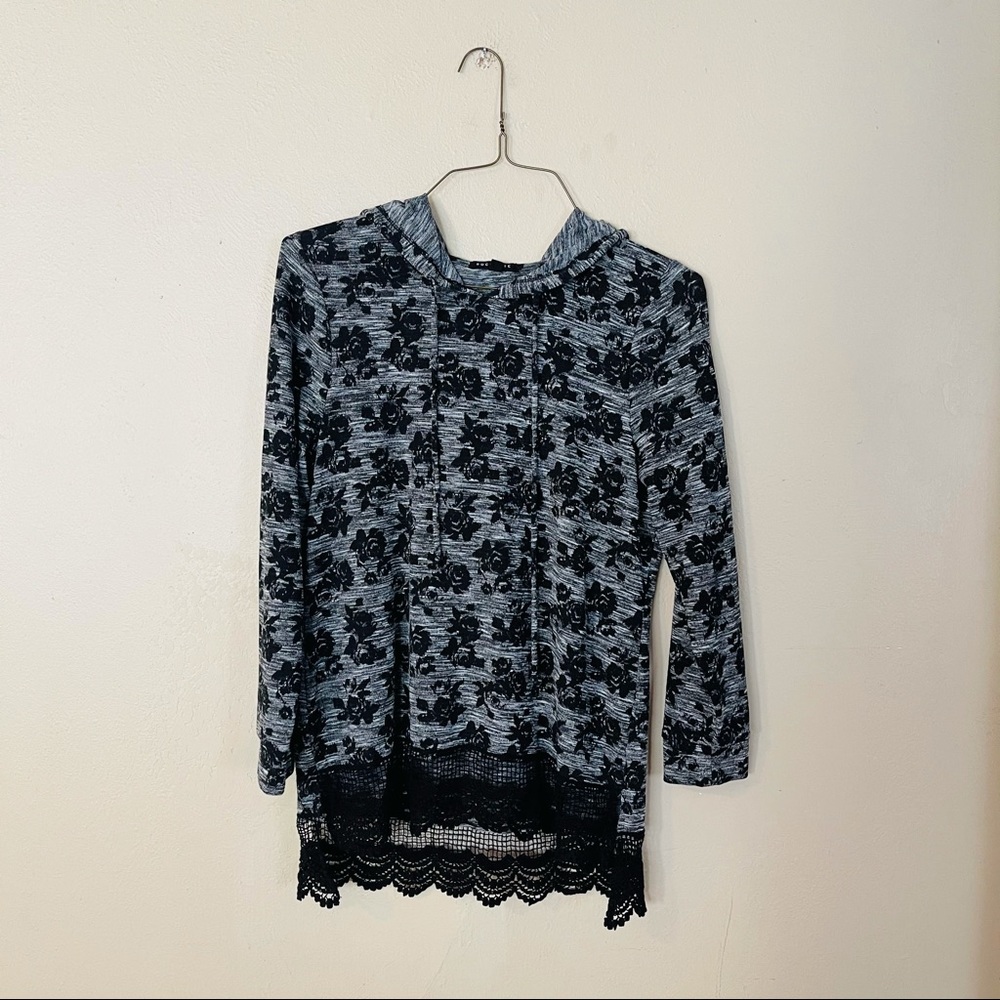 Grey and Black Floral Hooded Top